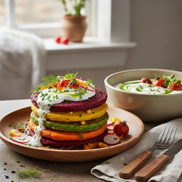 Rainbow Vegetable Pancakes with Yogurt Sauce