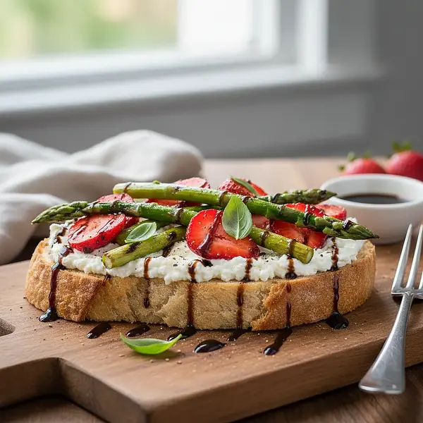 Toasts with Ricotta, Grilled Asparagus, and Strawberries with a Balsamic Touch