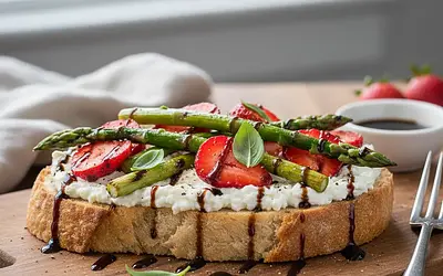 Toasts with Ricotta, Grilled Asparagus, and Strawberries with a Balsamic Touch
