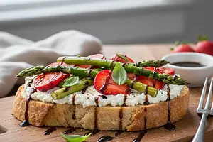 Toasts with Ricotta, Grilled Asparagus, and Strawberries with a Balsamic Touch