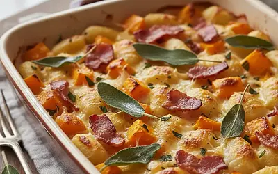 Pieczone Gnocchi z Dynią Piżmową, Chrupiącym Boczkiem i Szałwią