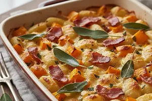 Pieczone Gnocchi z Dynią Piżmową, Chrupiącym Boczkiem i Szałwią