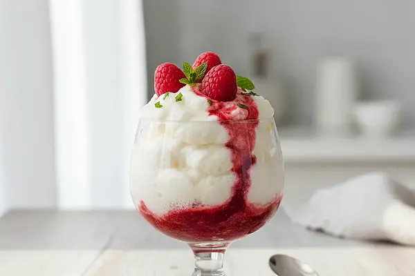 Lekki jak chmurka mus z białej czekolady z sosem malinowym i nutą mięty