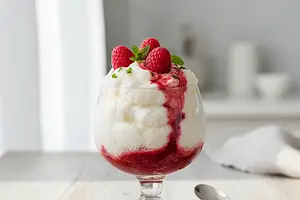 Lekki jak chmurka mus z białej czekolady z sosem malinowym i nutą mięty