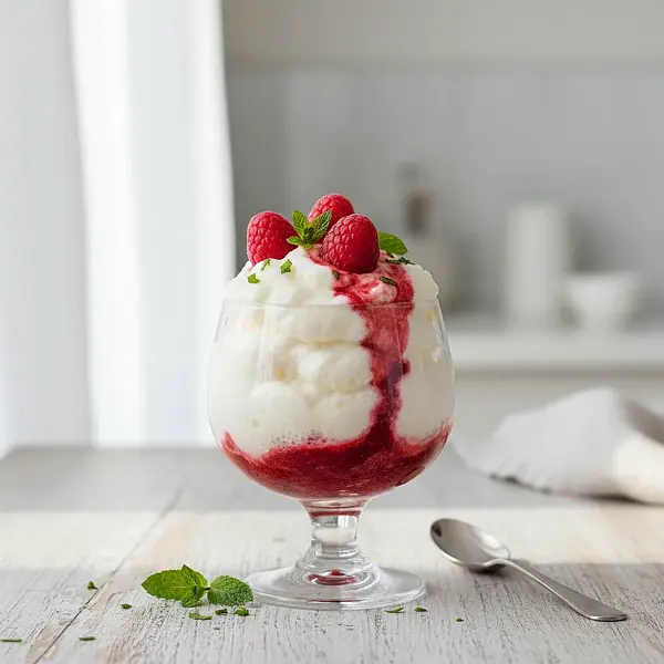 Light as a Cloud White Chocolate Mousse with Raspberry Sauce and a Hint of Mint