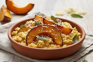 Kremowe risotto z pieczoną dynią, szałwią i parmezanem