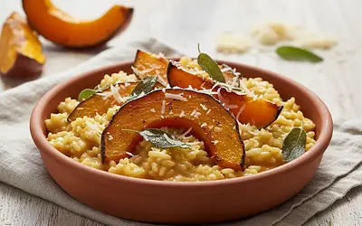 Kremowe risotto z pieczoną dynią, szałwią i parmezanem