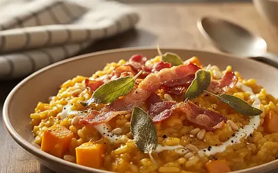 Kremowe risotto dyniowe z chrupiącym boczkiem i szałwią