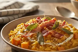 Kremowe risotto dyniowe z chrupiącym boczkiem i szałwią