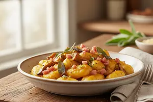 Kremowe Gnocchi z Sosem Dyniowo-Szałwiowym, Grzybami Leśnymi i Chrupiącą Pancettą