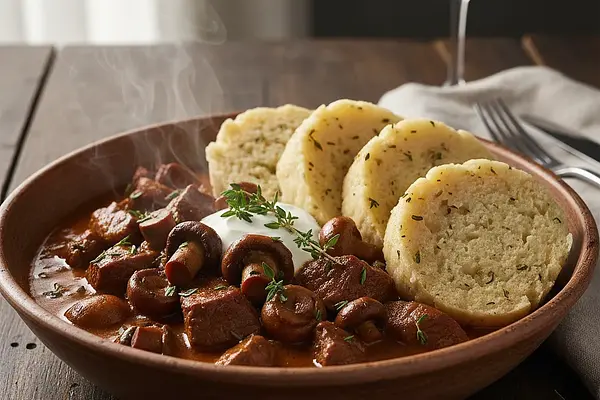 Jelení guláš s houbami a karlovarským knedlíkem