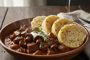 Jelení guláš s houbami a karlovarským knedlíkem