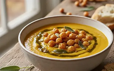 Krem z pieczonej dyni i marchewki z chrupiącą ciecierzycą i olejem szałwiowym