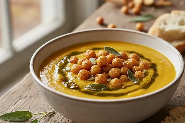 Krem z pieczonej dyni i marchewki z chrupiącą ciecierzycą i olejem szałwiowym