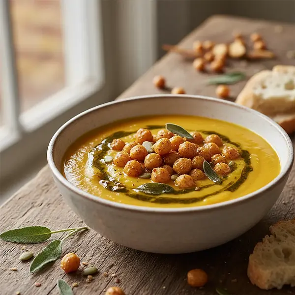 Krem z pieczonej dyni i marchewki z chrupiącą ciecierzycą i olejem szałwiowym