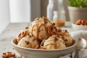 Creamy Salted Caramel Ice Cream with Pretzels and Chocolate (no machine)