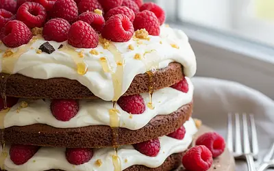 Chocolate-Honey Spartak Cake with White Chocolate Cream and Raspberries