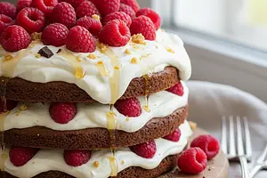 Chocolate-Honey Spartak Cake with White Chocolate Cream and Raspberries