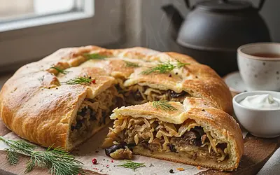 Christmas Kulebiak with Cabbage and Mushrooms