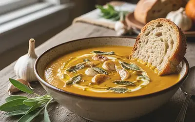Creamy Pumpkin Soup with Roasted Garlic and Crispy Sage