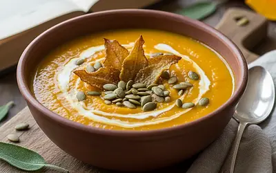Creamy roasted pumpkin soup with sage chips and toasted seeds