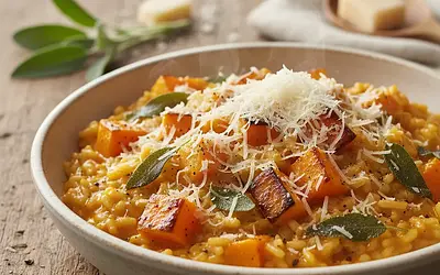 Kremowe risotto z pieczoną dynią, szałwią i parmezanem