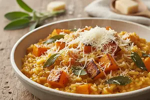Kremowe risotto z pieczoną dynią, szałwią i parmezanem