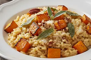 Kremowe risotto z pieczoną dynią, szałwią i prażonymi orzechami