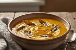 Aksamitny krem z pieczonej dyni z chrupiącym chipsem z szałwii