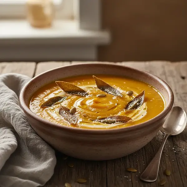 Aksamitny krem z pieczonej dyni z chrupiącym chipsem z szałwii