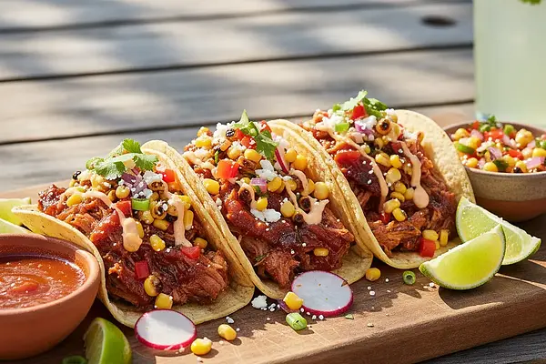 Tacos z Szarpaną Wieprzowiną w Sosie Guawa-Chipotle i Salsą z Pieczonej Kukurydzy