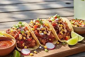Tacos z Szarpaną Wieprzowiną w Sosie Guawa-Chipotle i Salsą z Pieczonej Kukurydzy