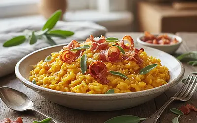 Kremowe Risotto z Dynią, Szałwią i Chrupiącym Prosciutto