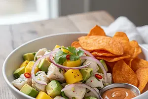 Ceviche z Mango i Awokado z Pikantnymi Chipsami z Batatów