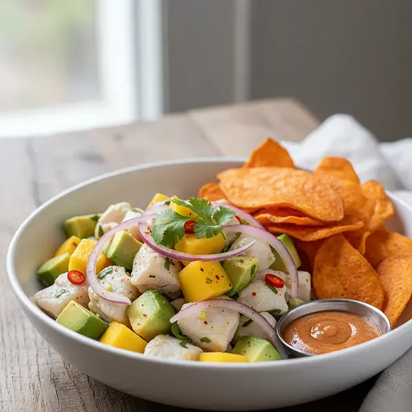 Ceviche z Mango i Awokado z Pikantnymi Chipsami z Batatów