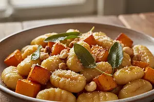 Kremowe gnocchi z pieczoną dynią, szałwią i orzechami laskowymi