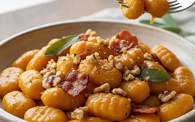 Kremowe Gnocchi Dyniowe w Sosie Szałwiowo-Maślanym z Orzechami Włoskimi i Chrupiącym Boczkiem