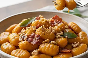 Kremowe Gnocchi Dyniowe w Sosie Szałwiowo-Maślanym z Orzechami Włoskimi i Chrupiącym Boczkiem
