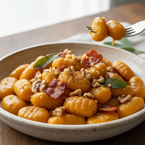 Kremowe Gnocchi Dyniowe w Sosie Szałwiowo-Maślanym z Orzechami Włoskimi i Chrupiącym Boczkiem
