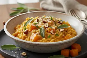 Kremowe Risotto z Dynią Piżmową, Szałwią i Orzechami Laskowymi
