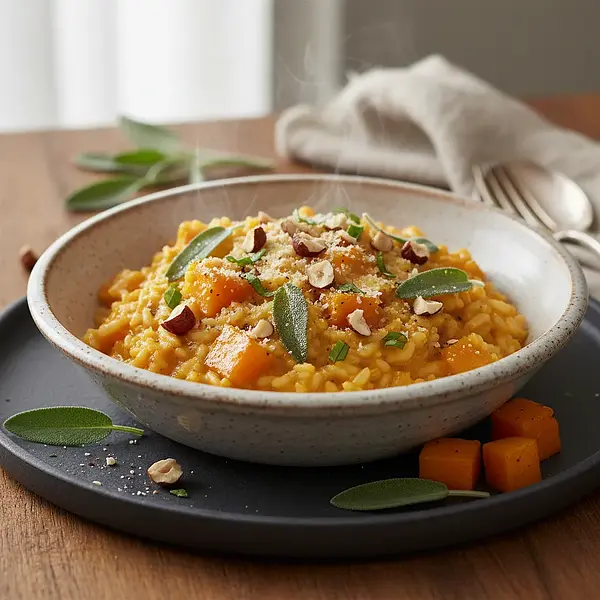 Kremowe Risotto z Dynią Piżmową, Szałwią i Orzechami Laskowymi