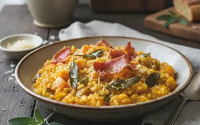Kremowe Risotto z Dynią Piżmową, Szałwią i Chrupiącym Prosciutto