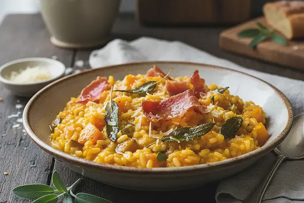 Kremowe Risotto z Dynią Piżmową, Szałwią i Chrupiącym Prosciutto