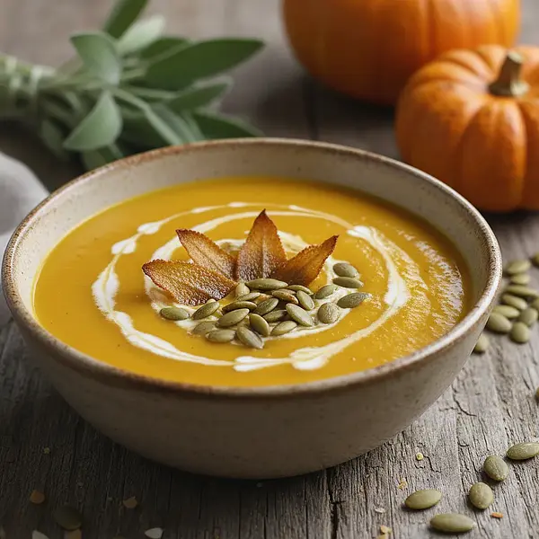 Aksamitny krem z pieczonej dyni z chipsem z szałwii i prażonymi pestkami