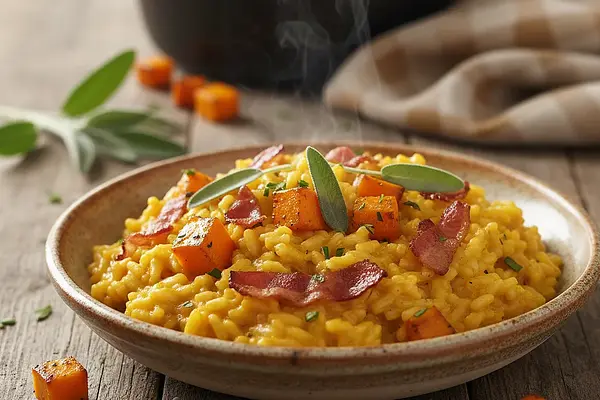 Jesienne Risotto z Dynią, Szałwią i Chrupiącym Boczkiem