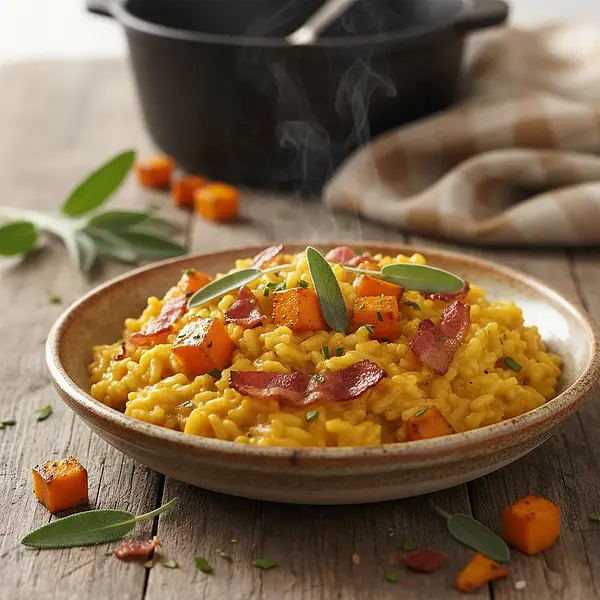 Jesienne Risotto z Dynią, Szałwią i Chrupiącym Boczkiem