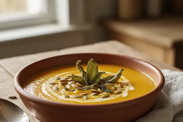 Aksamitny krem z pieczonej dyni z chipsem z szałwii i prażonymi pestkami