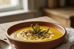 Aksamitny krem z pieczonej dyni z chipsem z szałwii i prażonymi pestkami