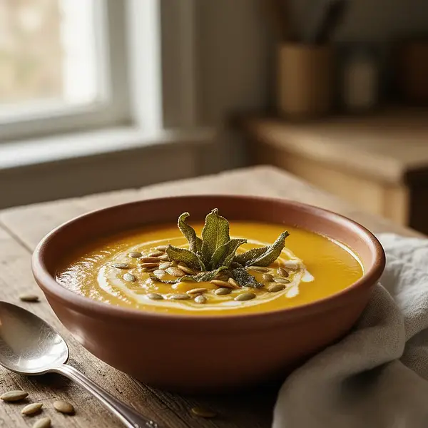 Aksamitny krem z pieczonej dyni z chipsem z szałwii i prażonymi pestkami