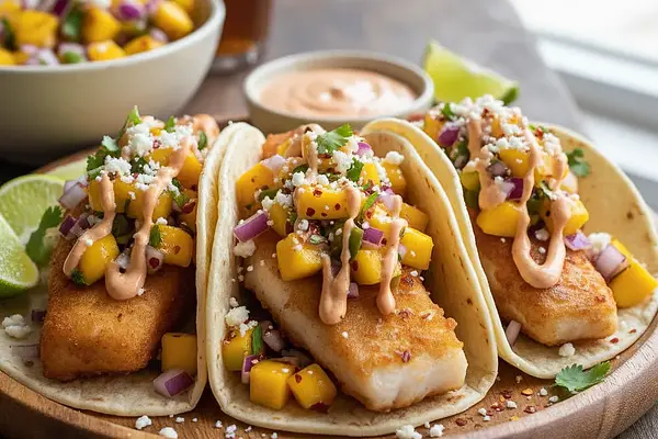 Tacos de Pescado z Salsą Mango-Chipotle i Kremowym Sosem